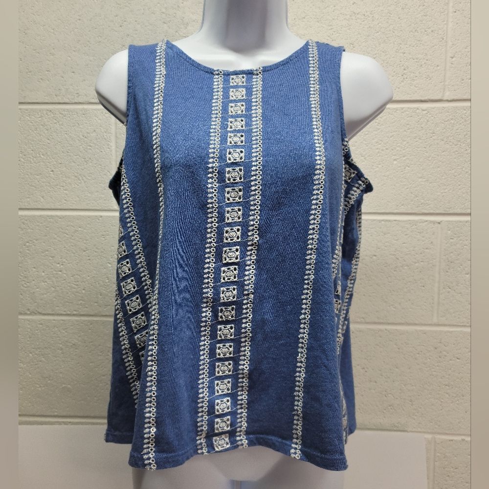 J. Jill Women Large Petite Blue Chambray Tank Top with Eyelet Embroidered detail
